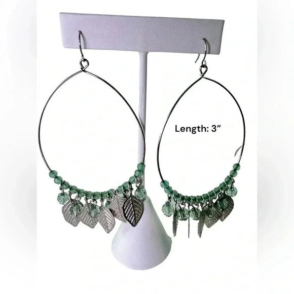 Handmade Jewelry - 3” Handmade Pastel Green Beads With Silver Leaves Hoop - Light Green Boho Plants